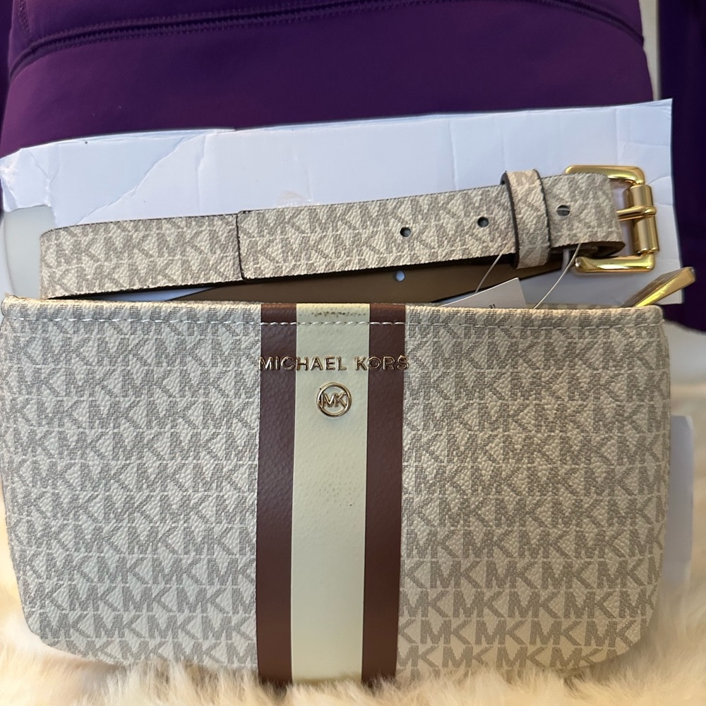 Michael Kors Cream and Brown Logo Waist Bag